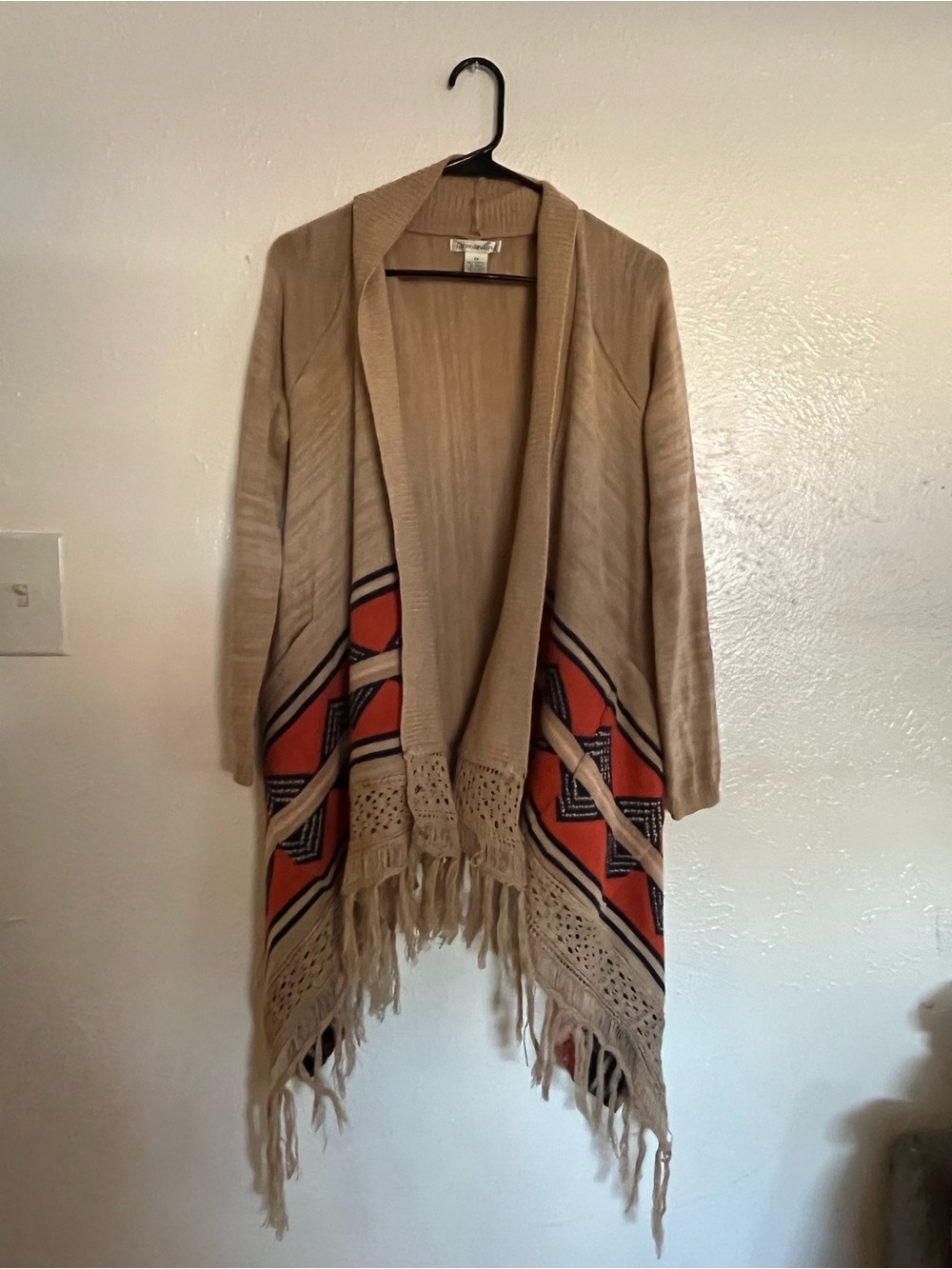 Beige Fringe Open-Front Poncho with Orange Geometric Trim